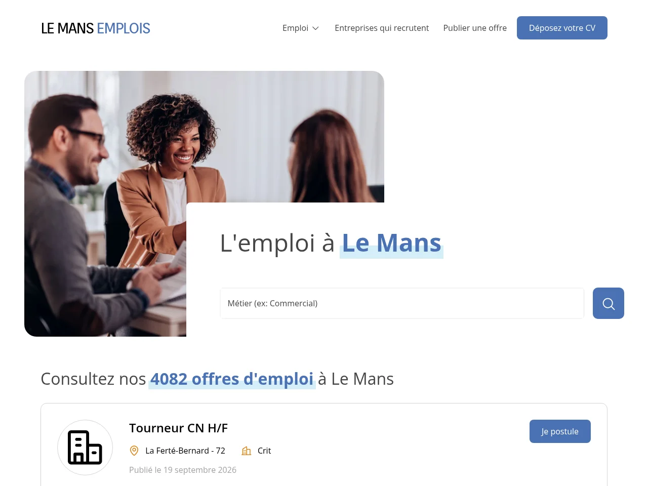 Le Mans Emplois job board platform screenshot showing job search interface