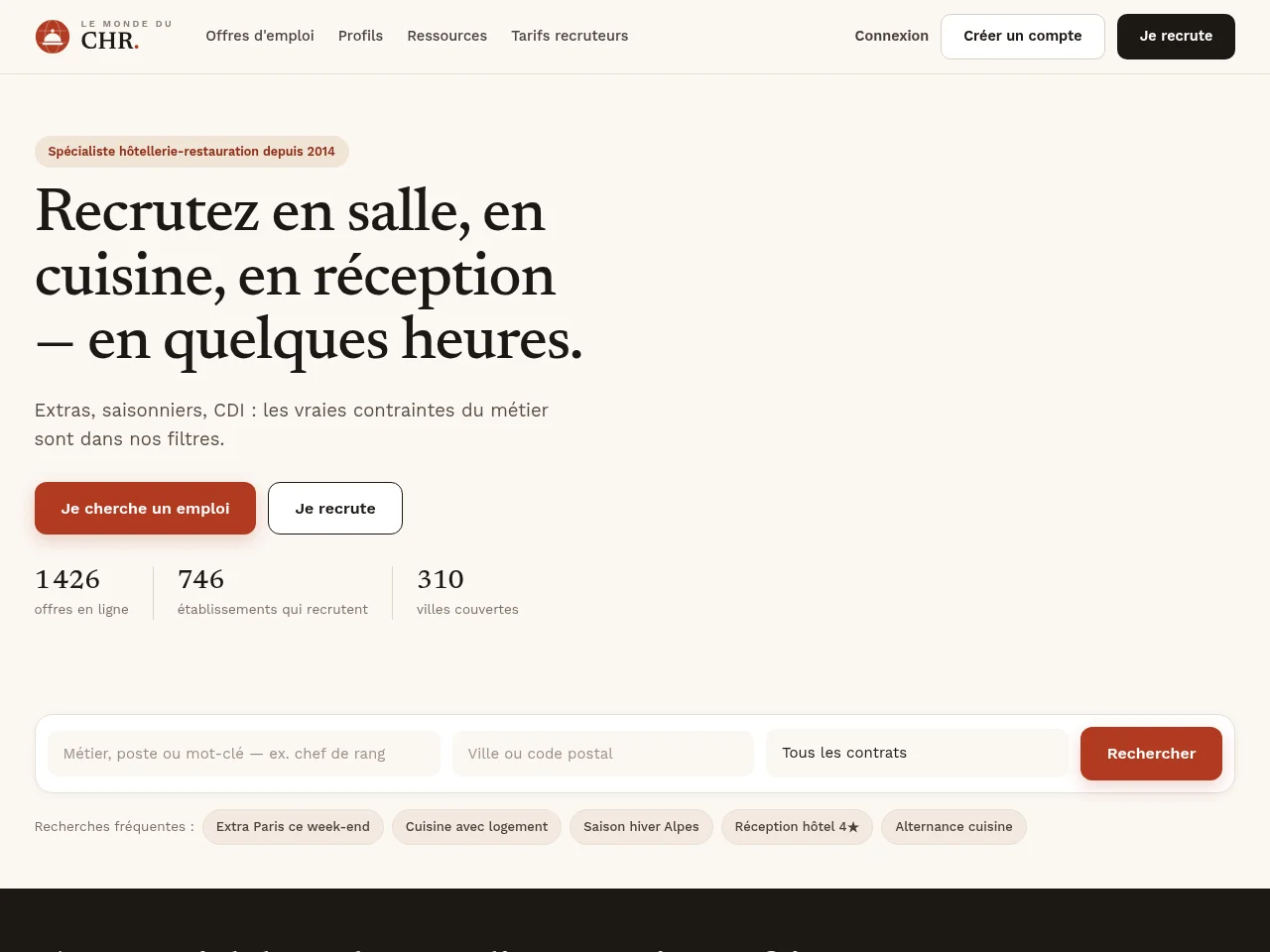 Le Monde du CHR screenshot Le Monde du CHR job board platform screenshot showing job search interface