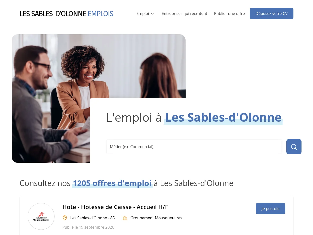 Les Sables-d'Olonne Emplois job board platform screenshot showing job search interface