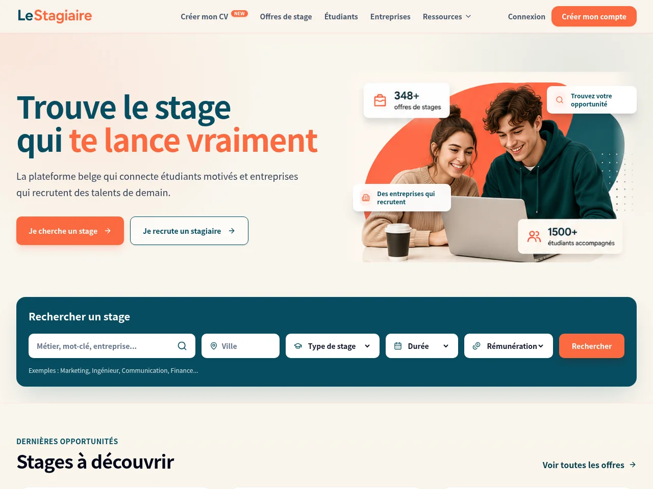 Le Stagiaire job board platform screenshot showing job search interface