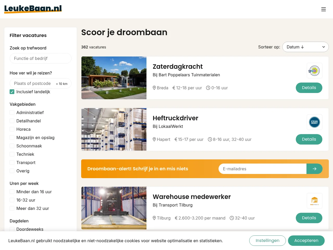 LeukeBaan.nl job board platform screenshot showing job search interface