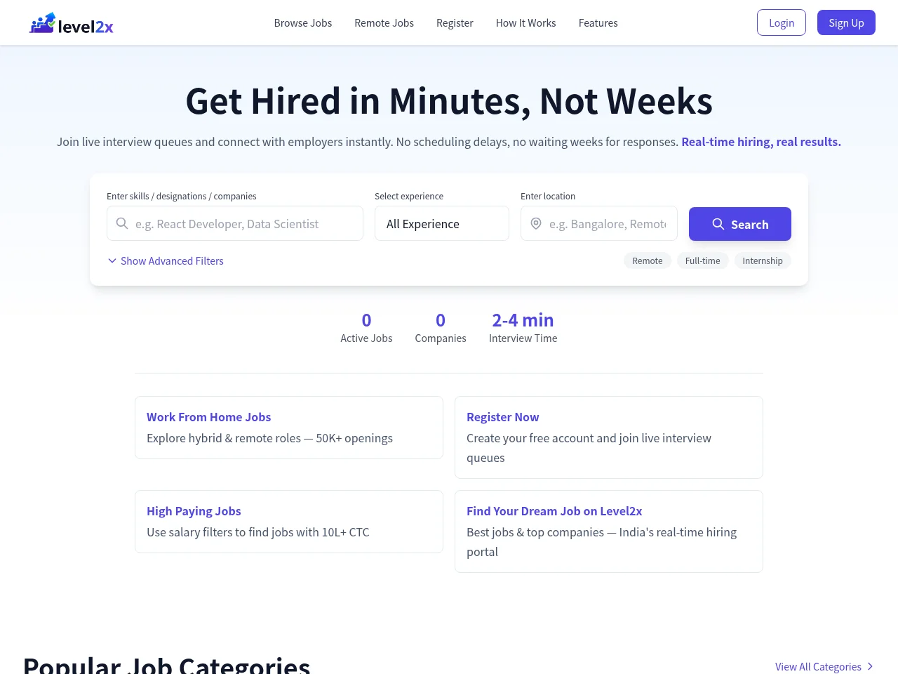 Level2x job board platform screenshot showing job search interface