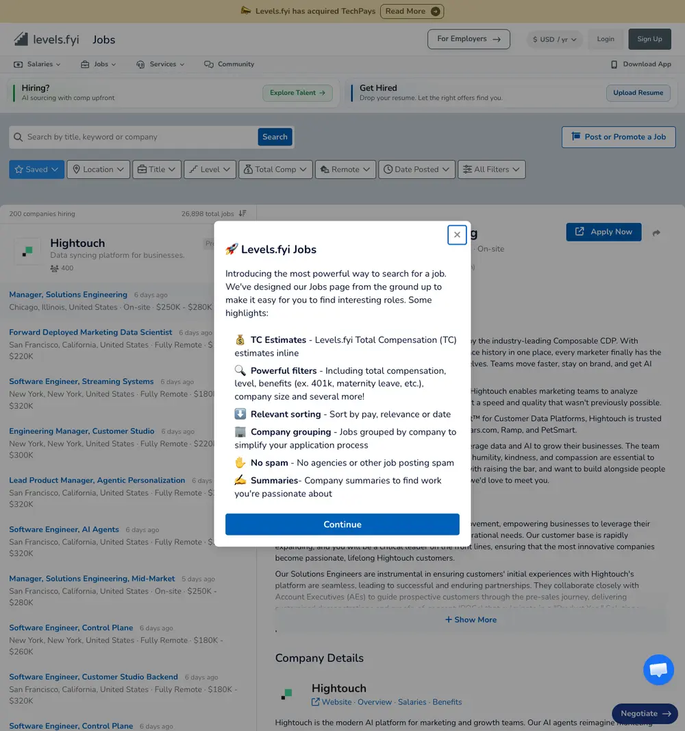 Levels.fyi Jobs job board platform screenshot showing job search interface