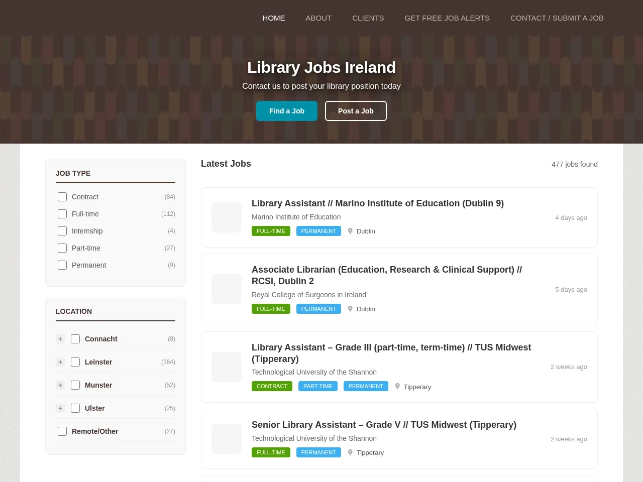 LibraryJobs.ie job board platform screenshot showing job search interface