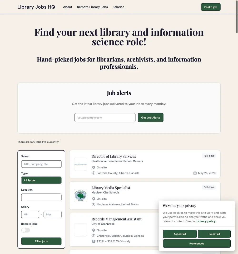 Library Jobs HQ job board platform screenshot showing job search interface