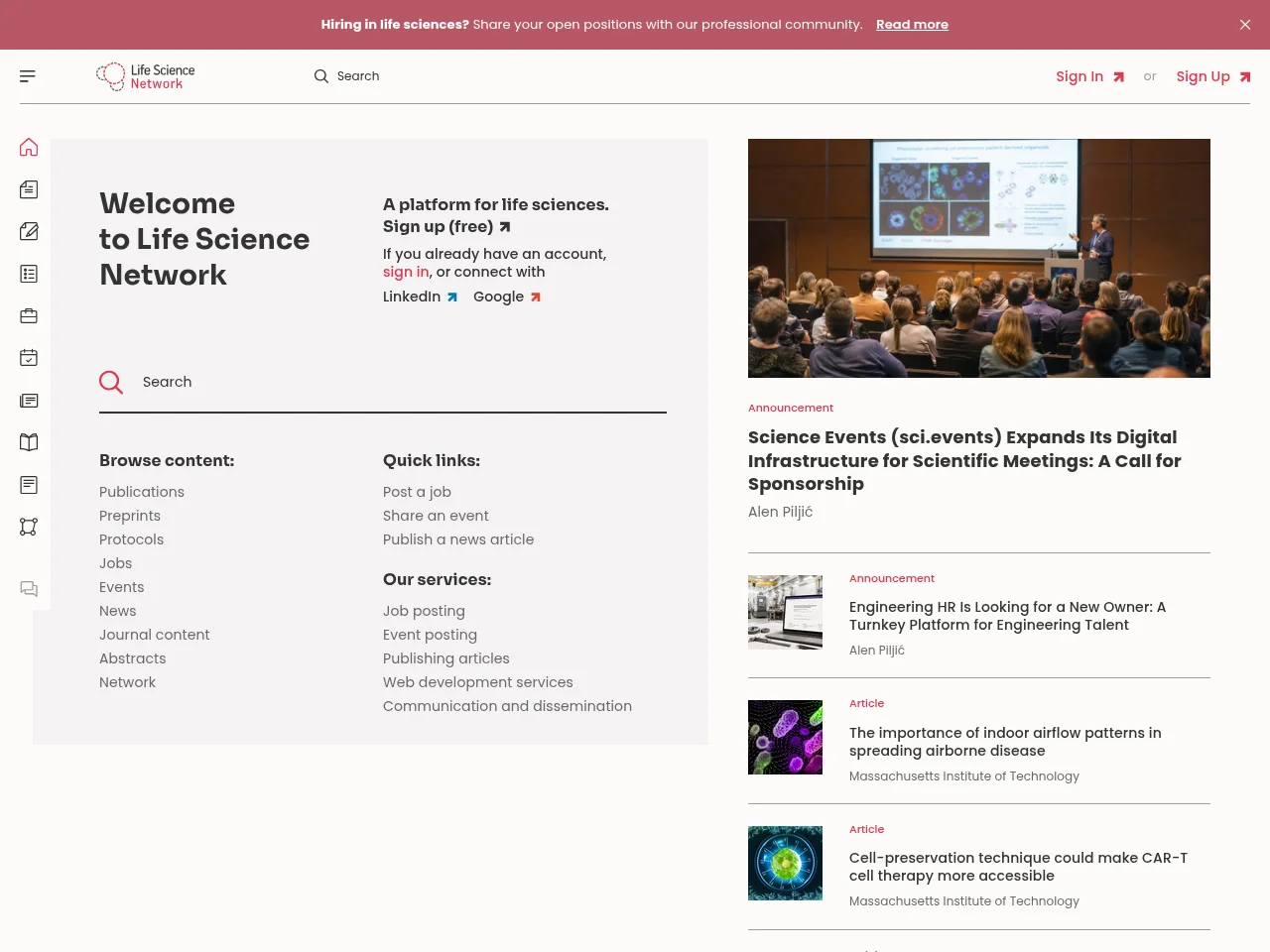 Life Science Network job board platform screenshot showing job search interface