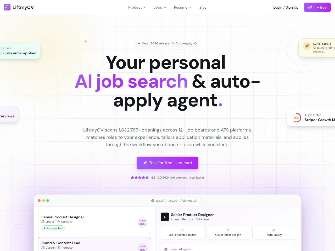 LiftmyCV job board platform screenshot showing job search interface