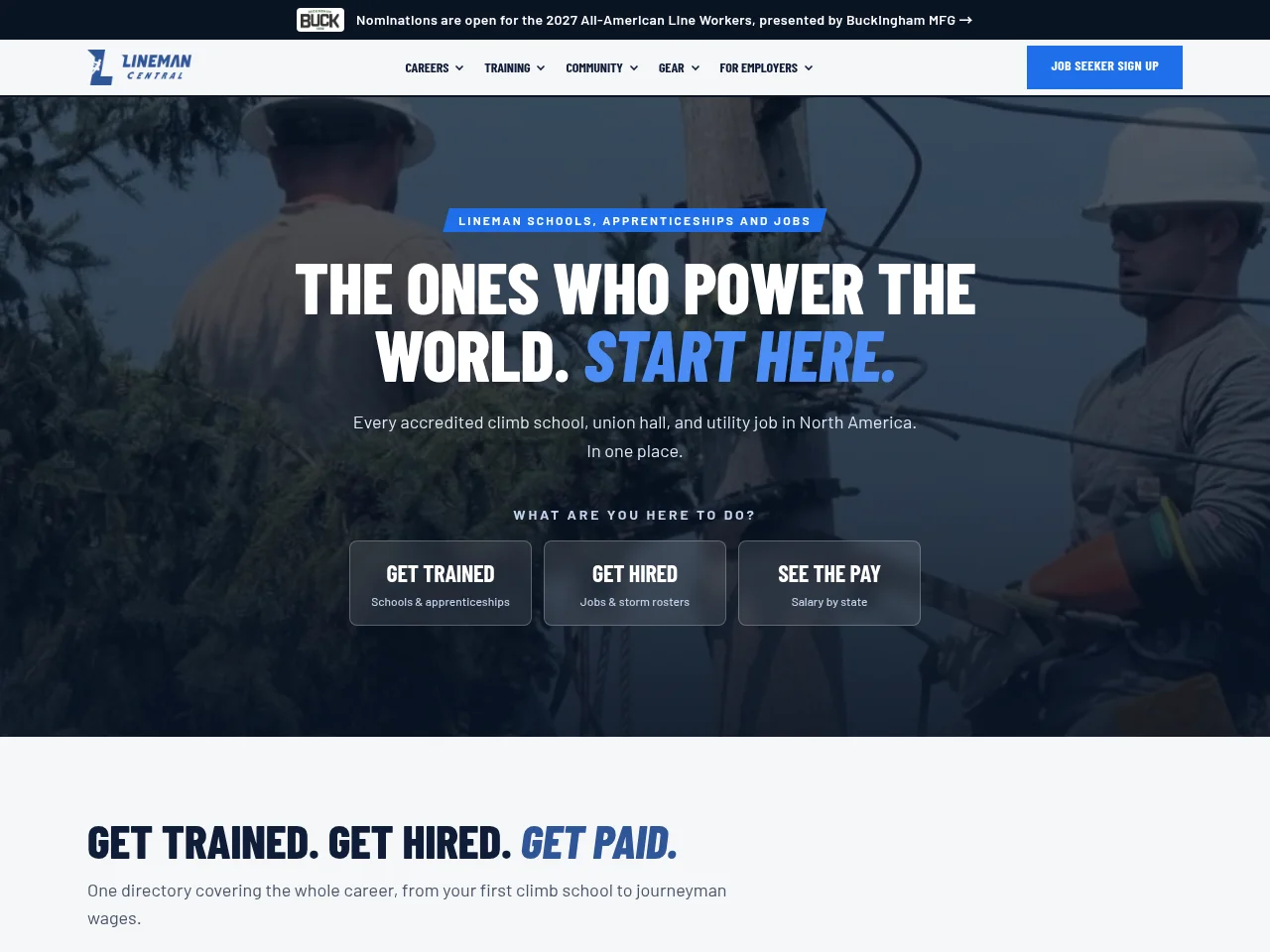 Lineman Central job board platform screenshot showing job search interface
