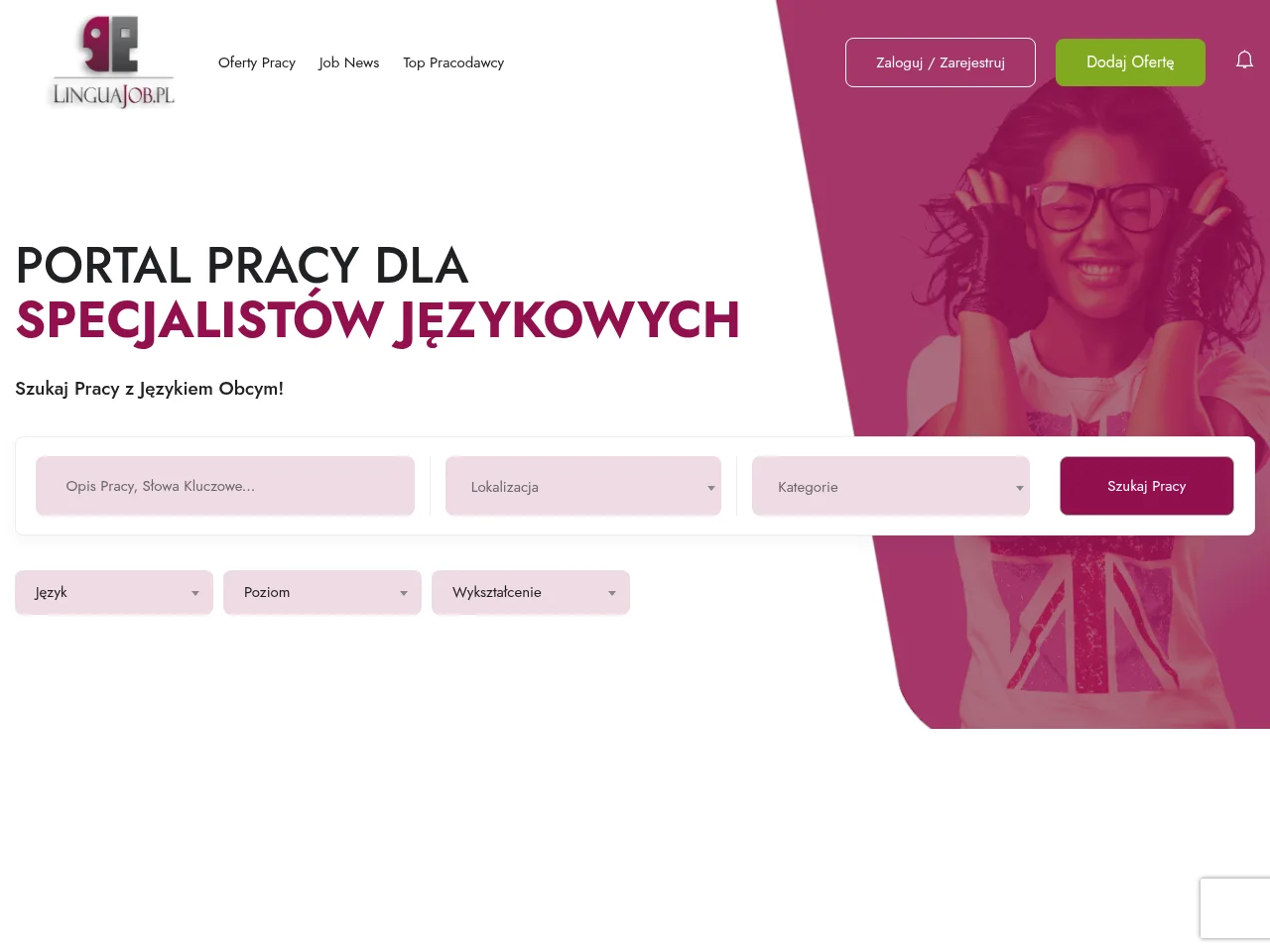 Linguajob.pl job board platform screenshot showing job search interface