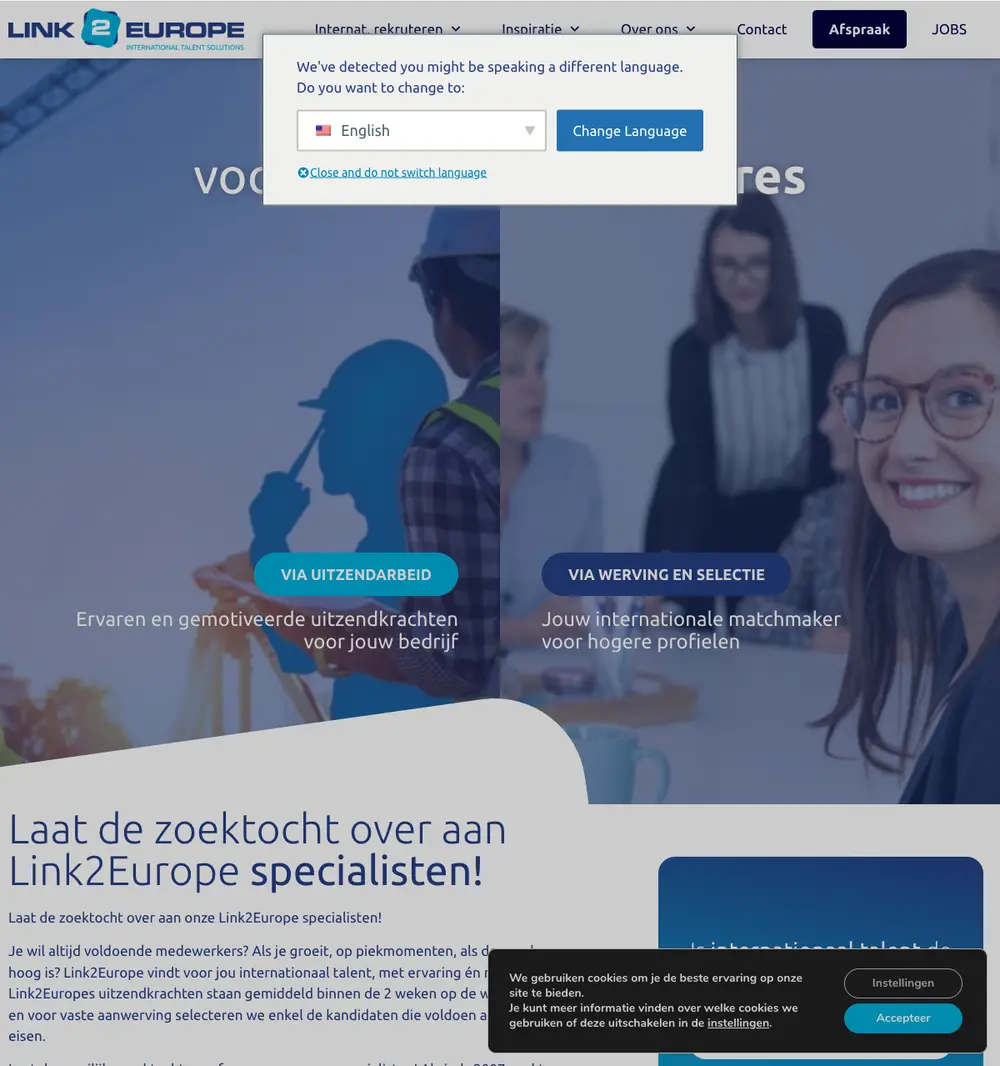 Link2Europe job board platform screenshot showing job search interface