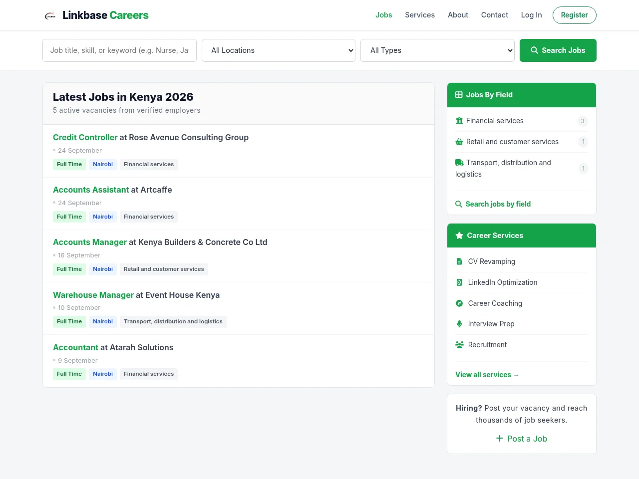 Linkbase Careers job board platform screenshot showing job search interface