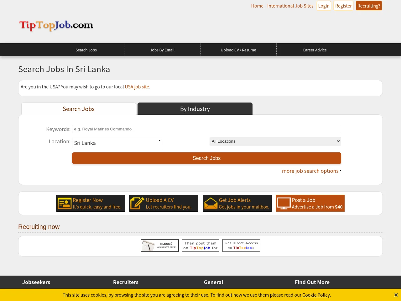 Tip Top Job job board platform screenshot showing job search interface