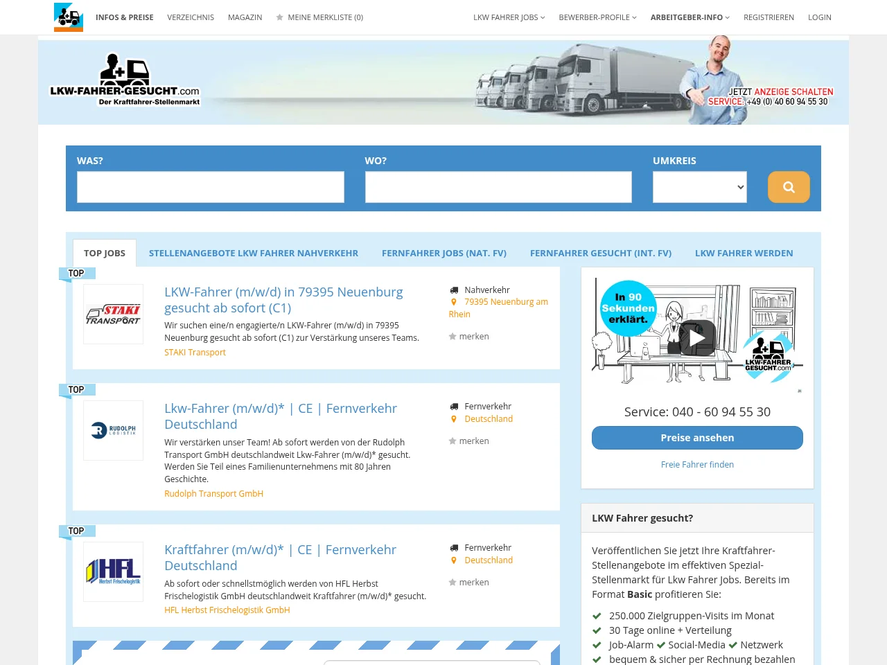 Lkw-Fahrer-Gesucht.com job board platform screenshot showing job search interface