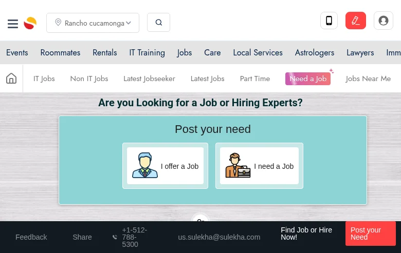 Sulekha Jobs job board platform screenshot showing job search interface