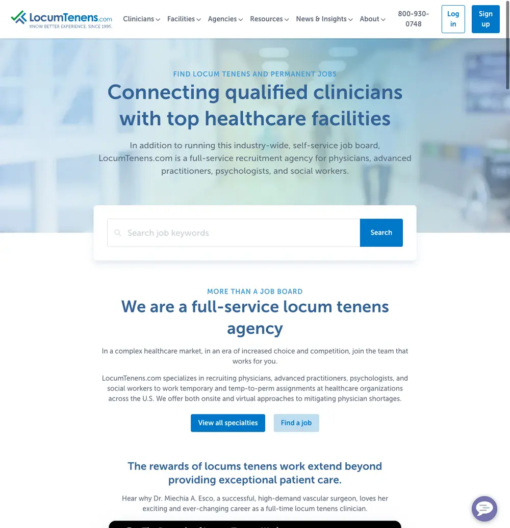 LocumTenens.com job board platform screenshot showing job search interface