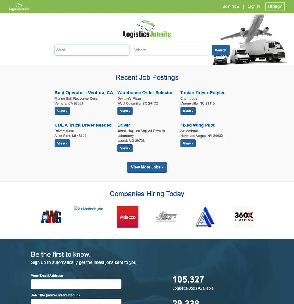 LogisticsJobSite job board platform screenshot showing job search interface