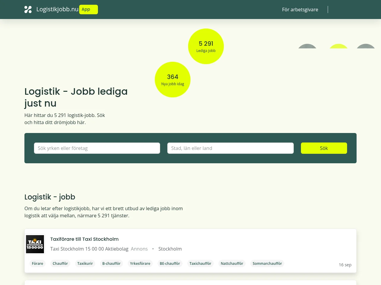 logistikjobb.nu job board platform screenshot showing job search interface