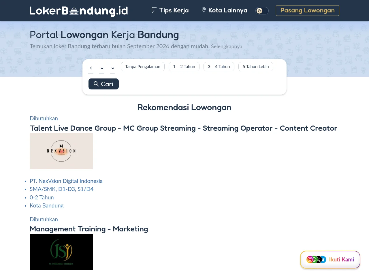 Loker Bandung ID screenshot Loker Bandung ID job board platform screenshot showing job search interface