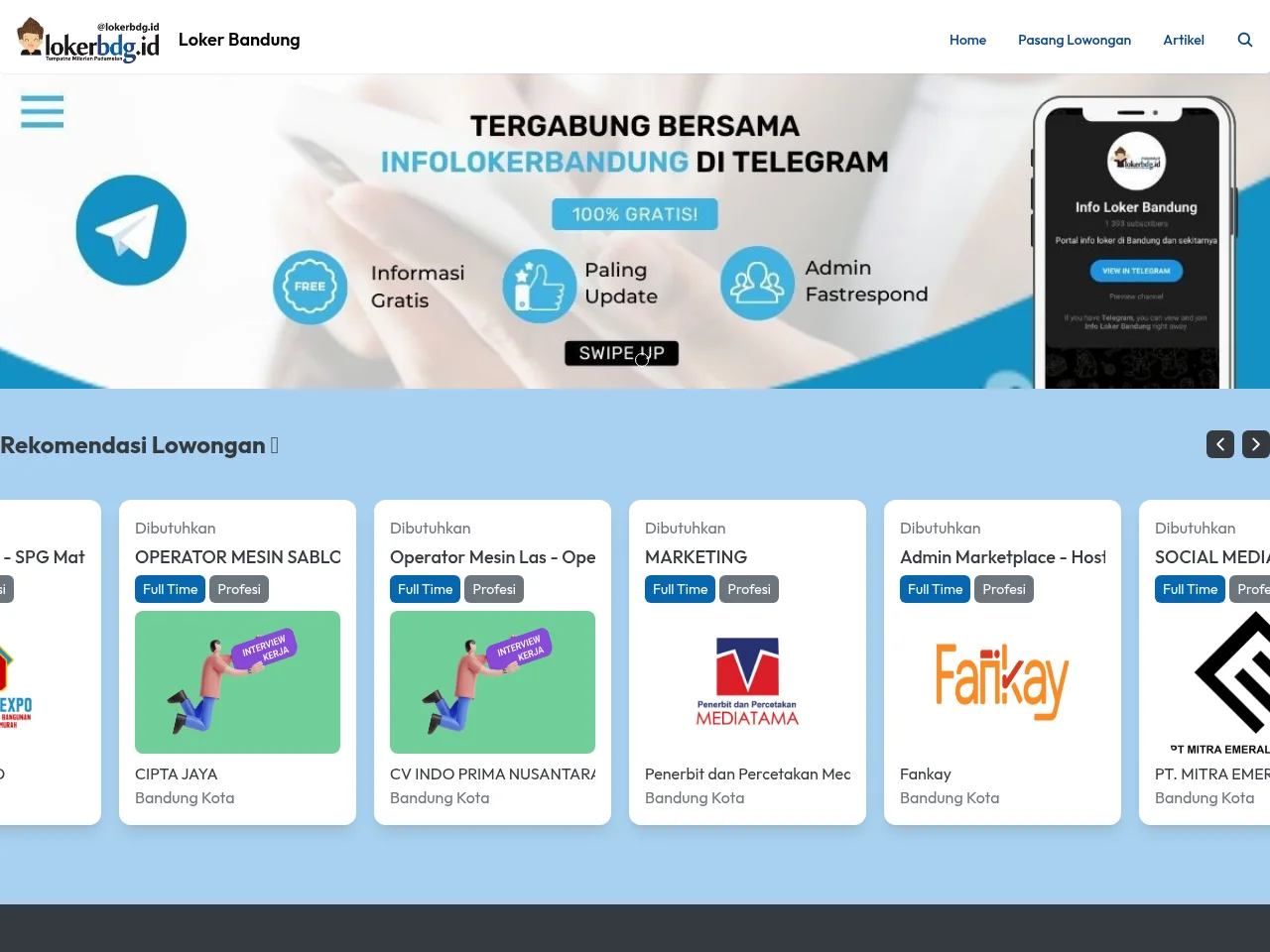 Loker Bandung job board platform screenshot showing job search interface