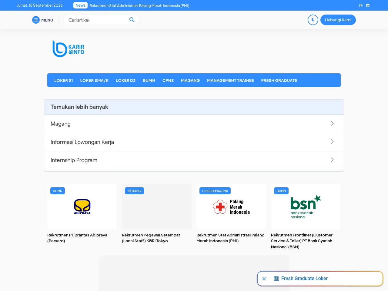 lokerbumn.com job board platform screenshot showing job search interface
