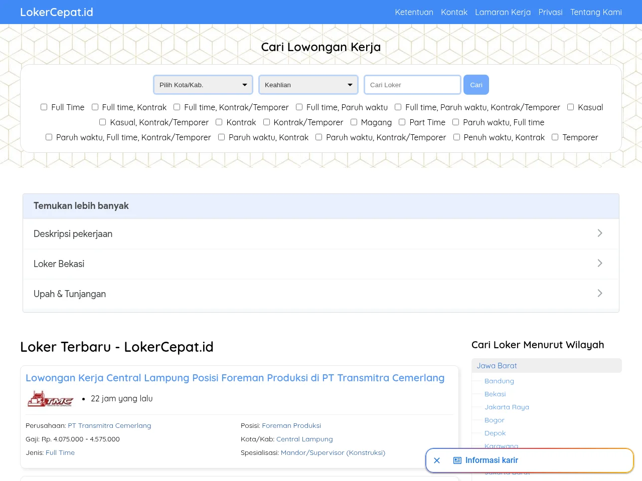 LokerCepat.id job board platform screenshot showing job search interface