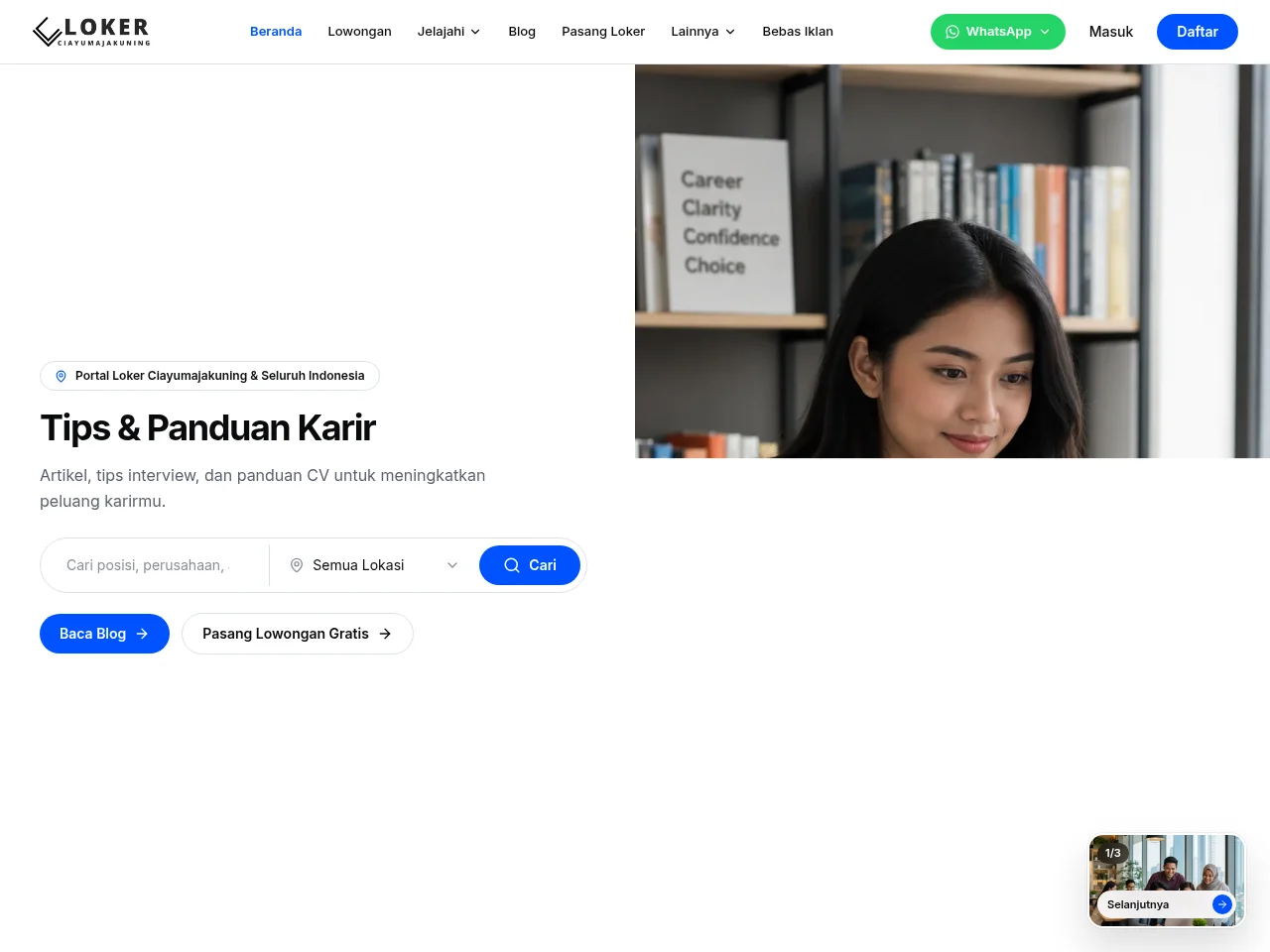 Loker Ciayumajakuning job board platform screenshot showing job search interface