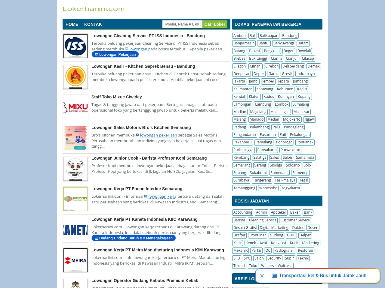Lokerhariini.com job board platform screenshot showing job search interface