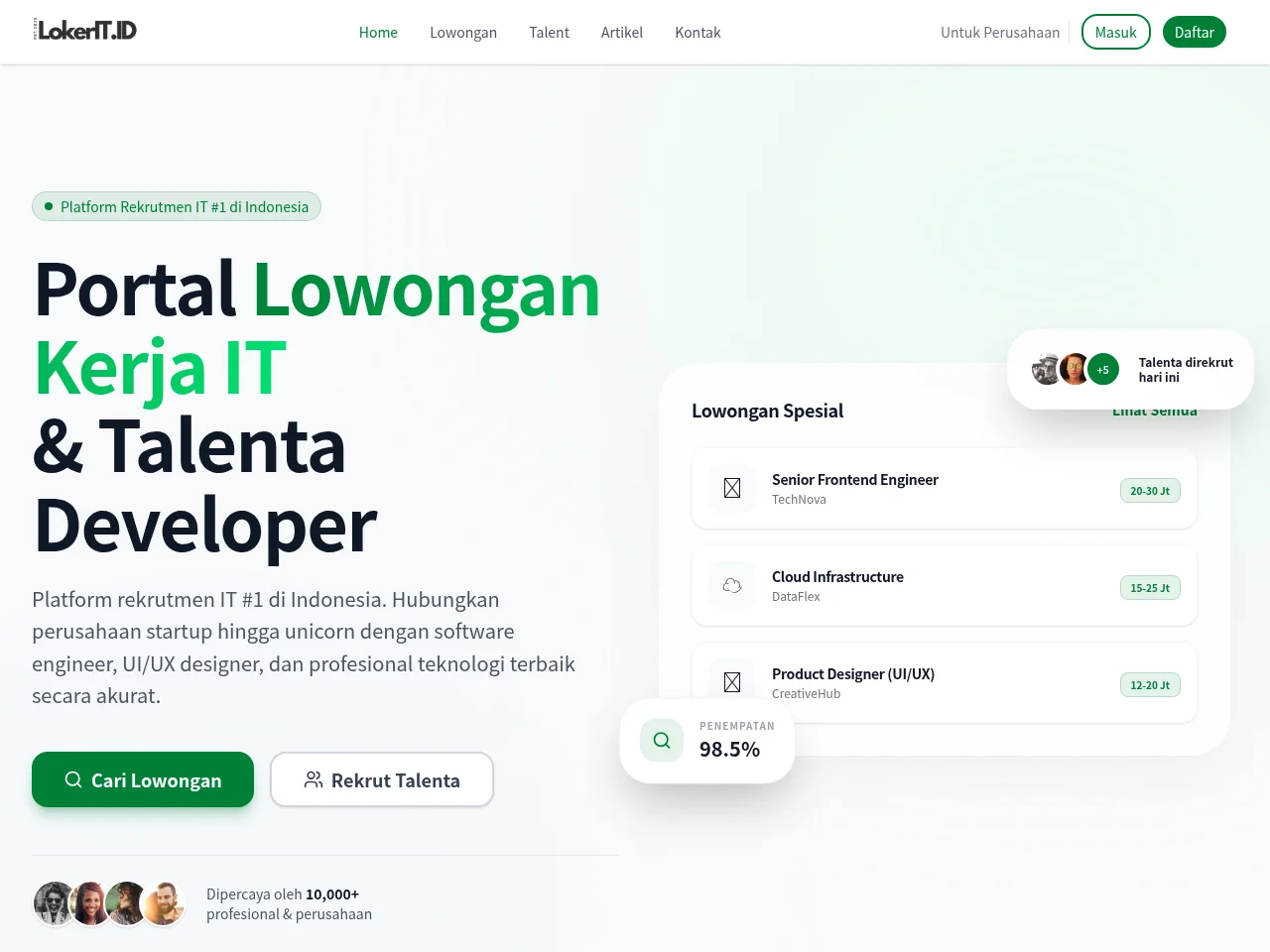 Loker IT Indonesia job board platform screenshot showing job search interface