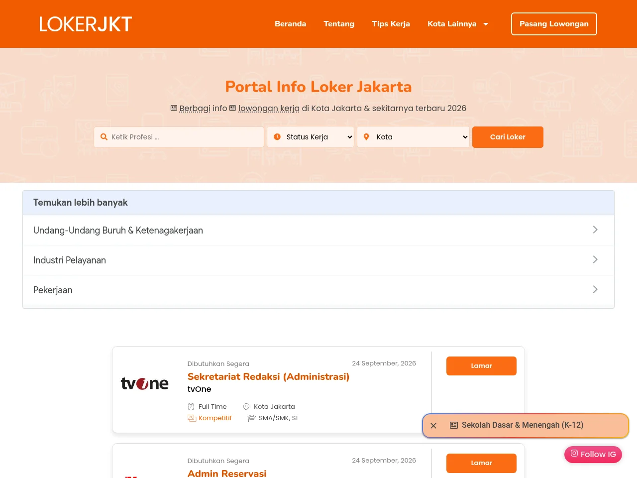 Loker Jakarta job board platform screenshot showing job search interface