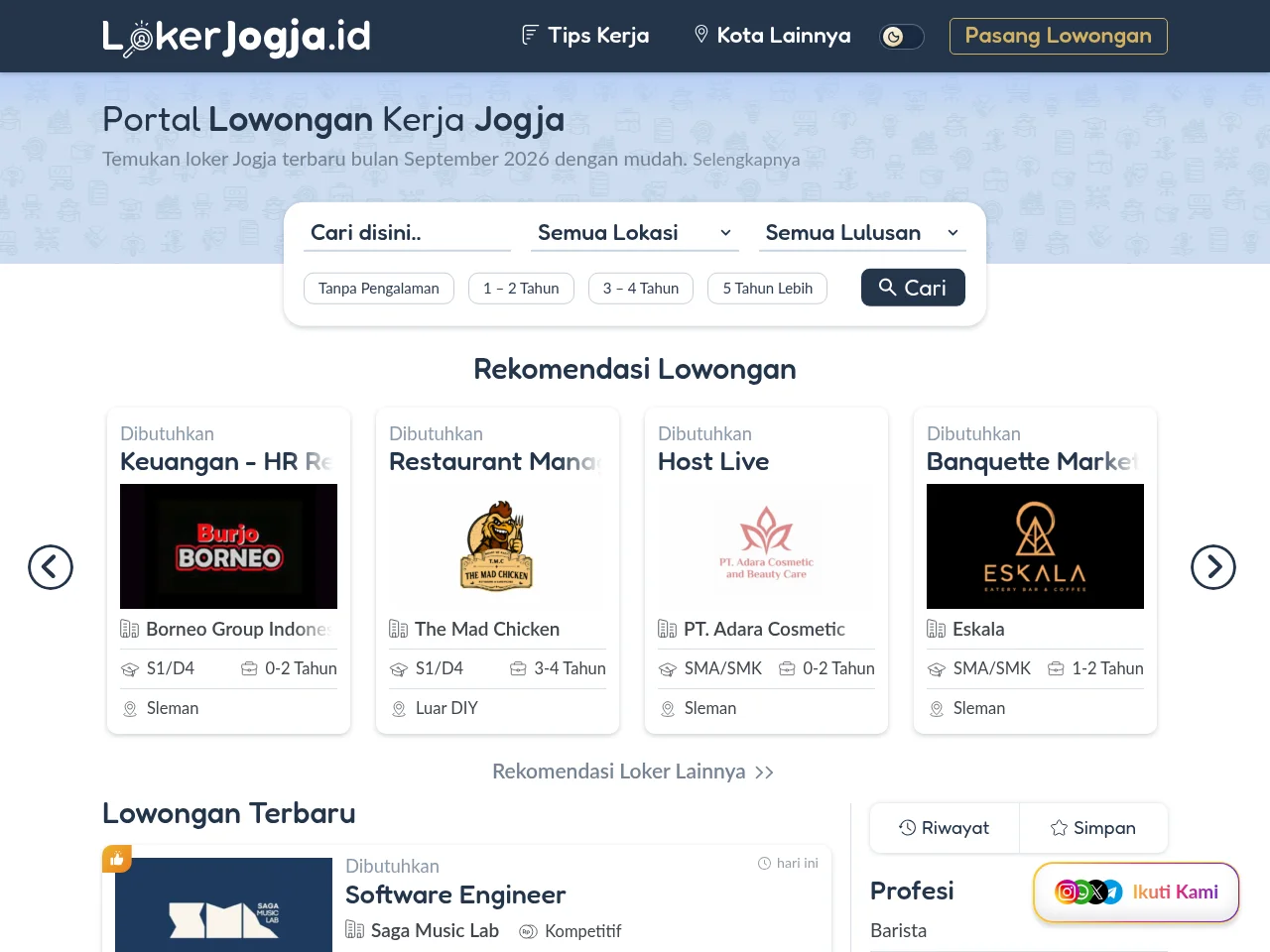 LokerJogja.ID job board platform screenshot showing job search interface