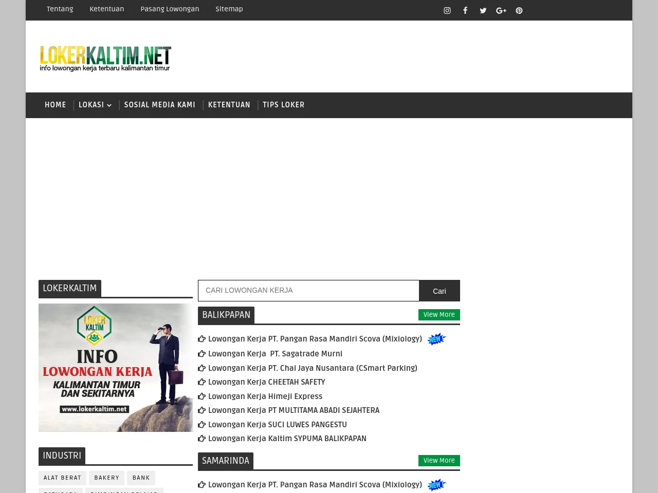 LokerKaltim job board platform screenshot showing job search interface