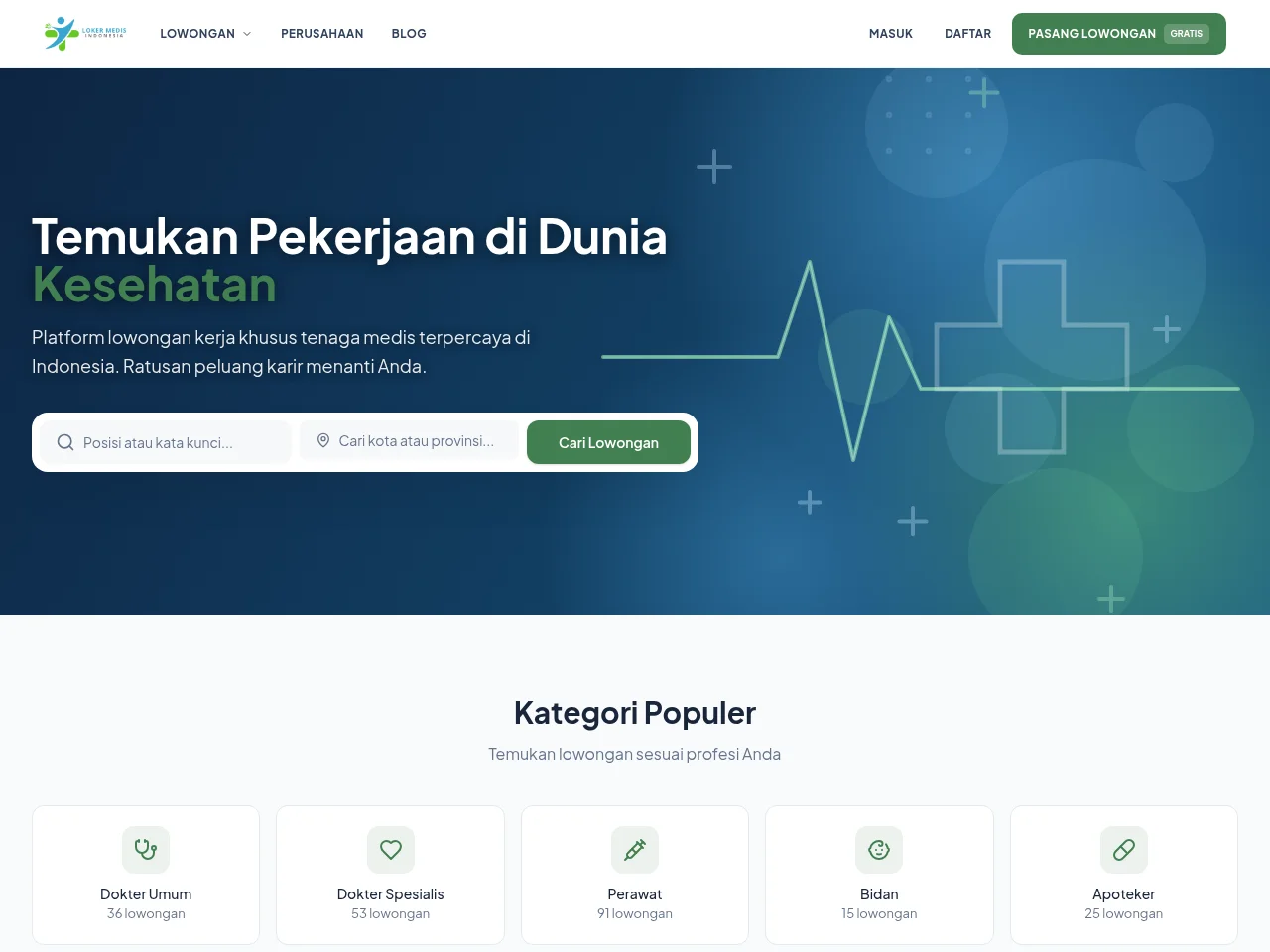LokerMedis.id job board platform screenshot showing job search interface