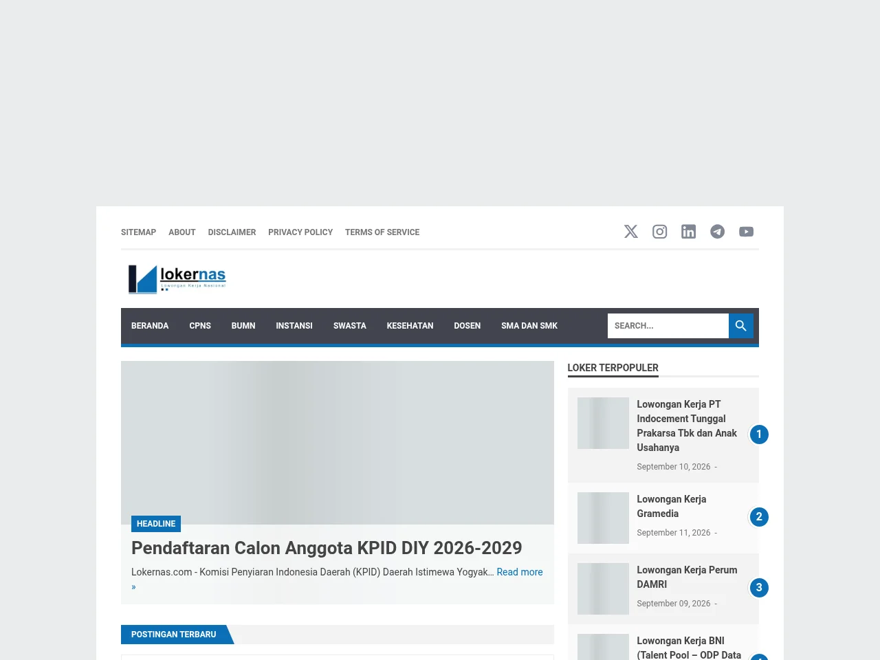Lokernas.com job board platform screenshot showing job search interface