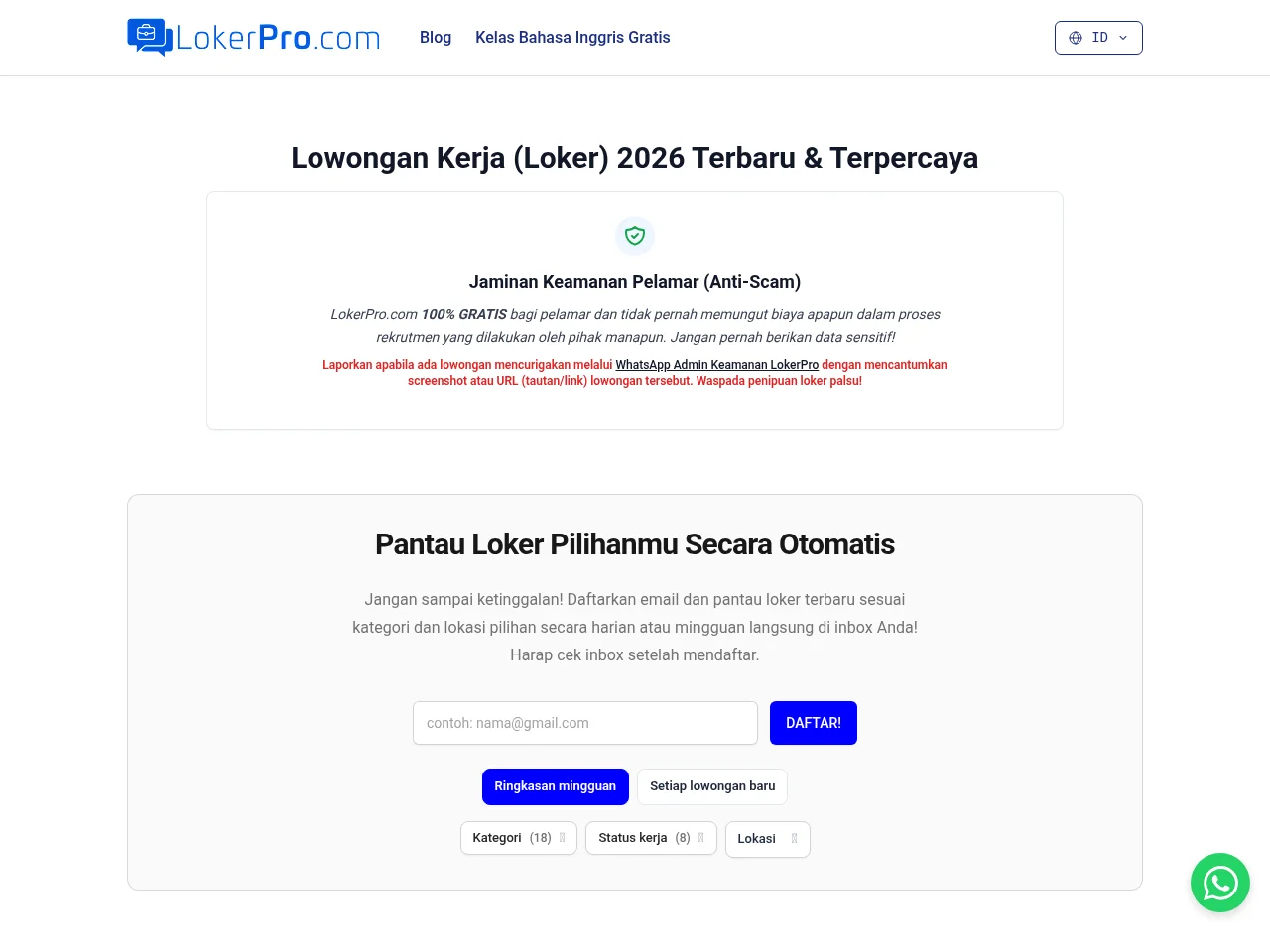 LokerPro.com job board platform screenshot showing job search interface