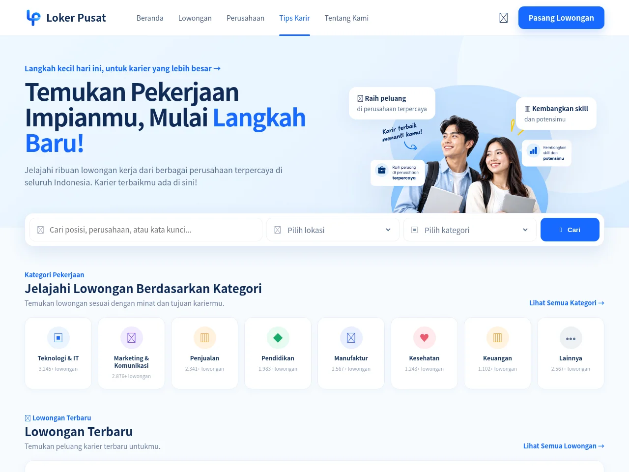 Loker Pusat job board platform screenshot showing job search interface