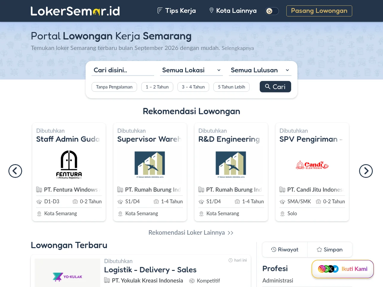 LokerSemar.id job board platform screenshot showing job search interface