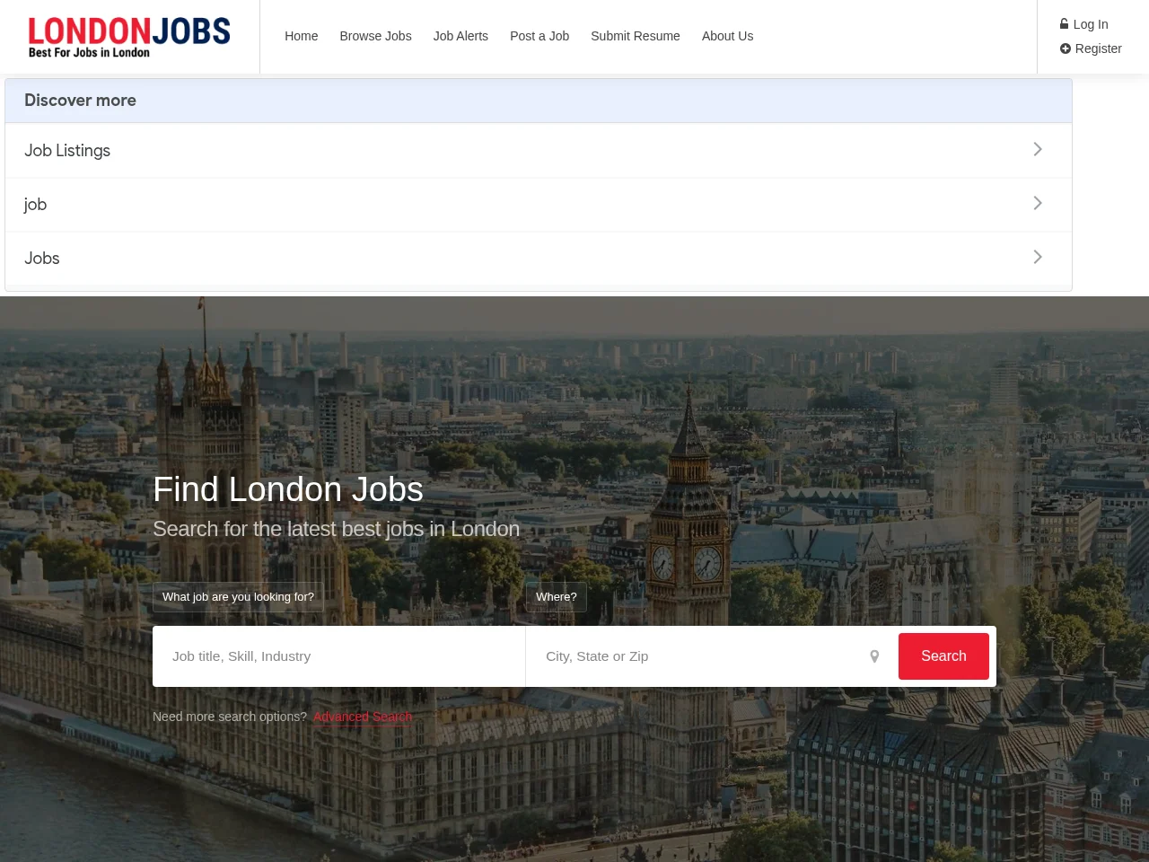 London Jobs UK job board platform screenshot showing job search interface
