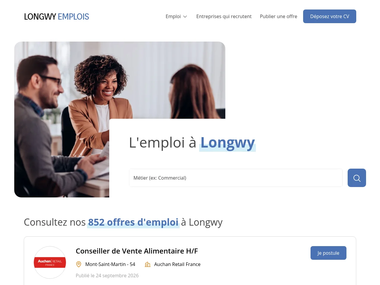 Longwy Emplois job board platform screenshot showing job search interface