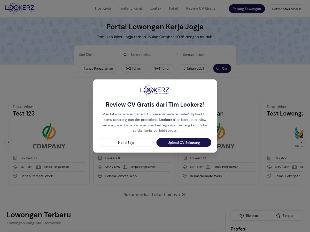 Lookerz job board platform screenshot showing job search interface