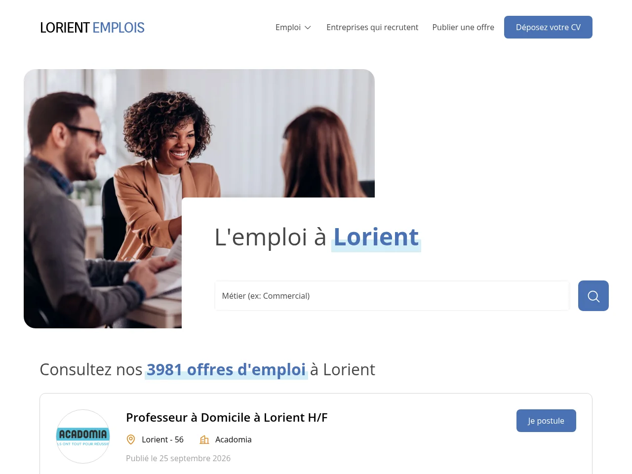 Lorient Emplois job board platform screenshot showing job search interface