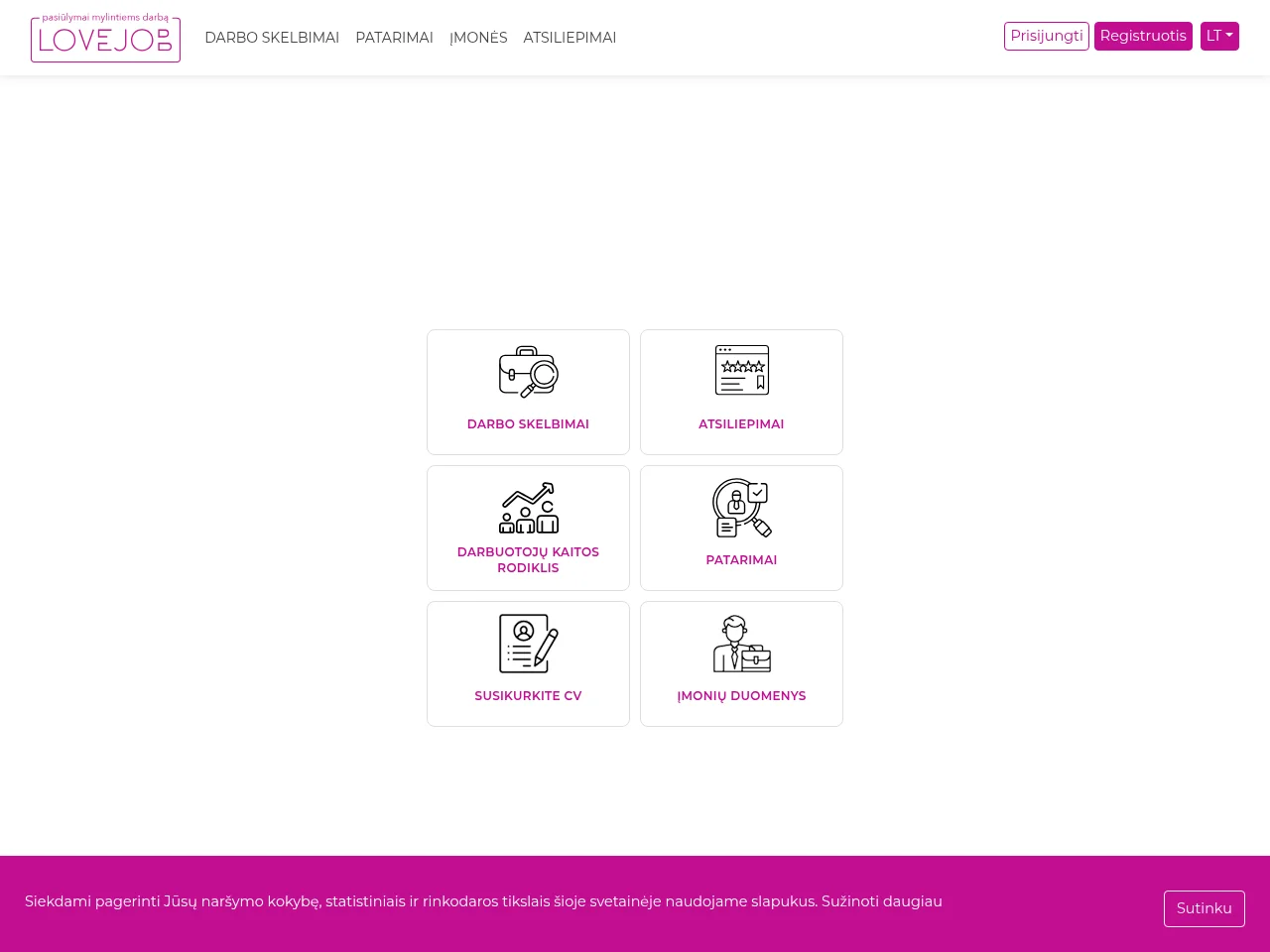 lovejob.lt job board platform screenshot showing job search interface