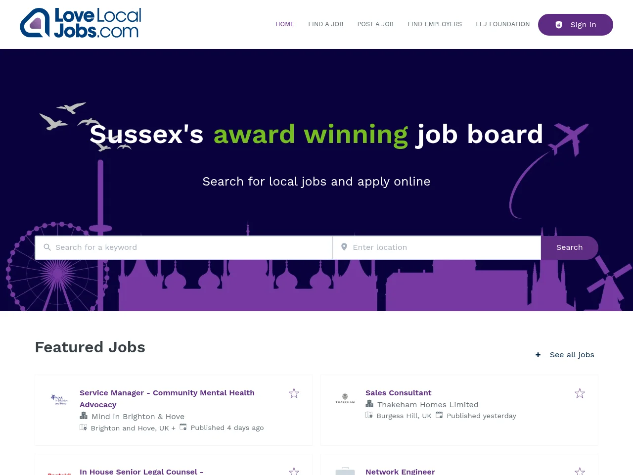LoveLocalJobs job board platform screenshot showing job search interface