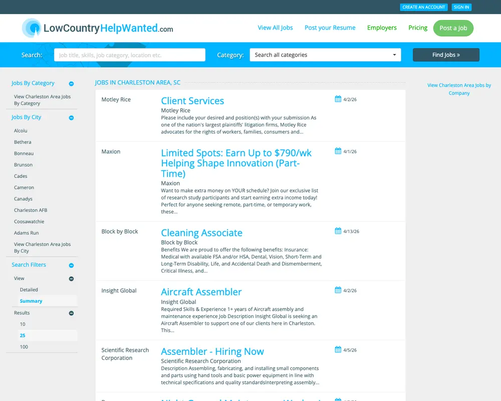 LowCountryHelpWanted.com job board platform screenshot showing job search interface