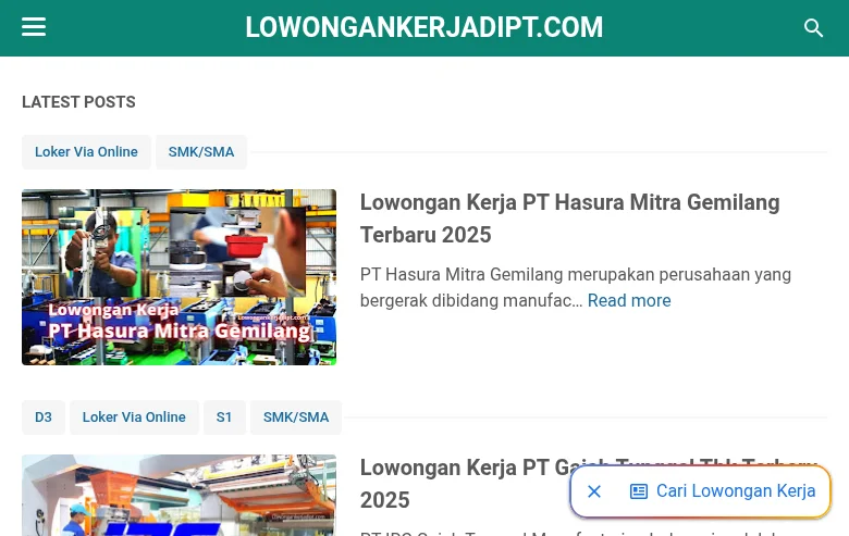 Lowongankerjadipt.com job board platform screenshot showing job search interface
