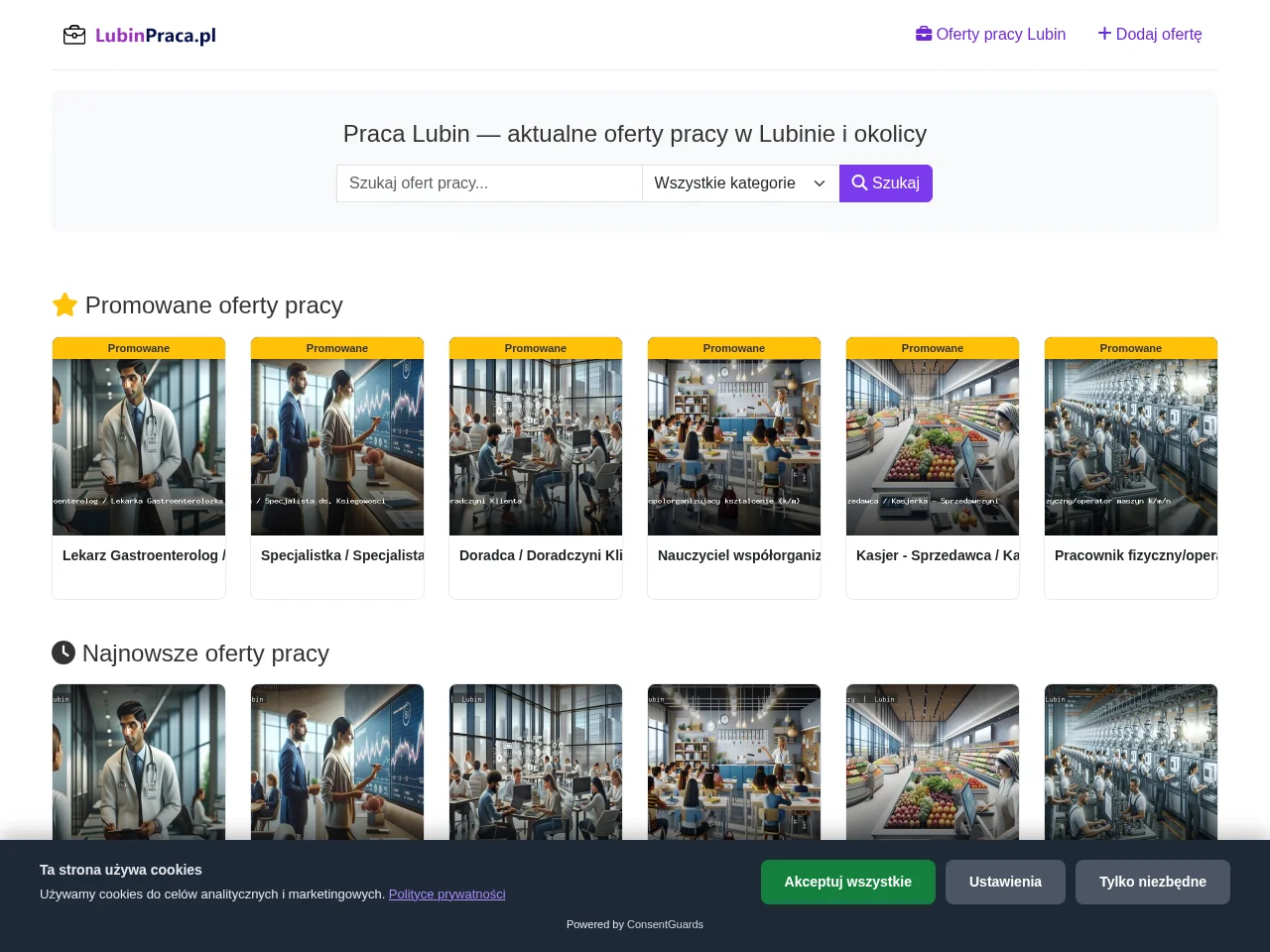 lubinpraca.pl job board platform screenshot showing job search interface
