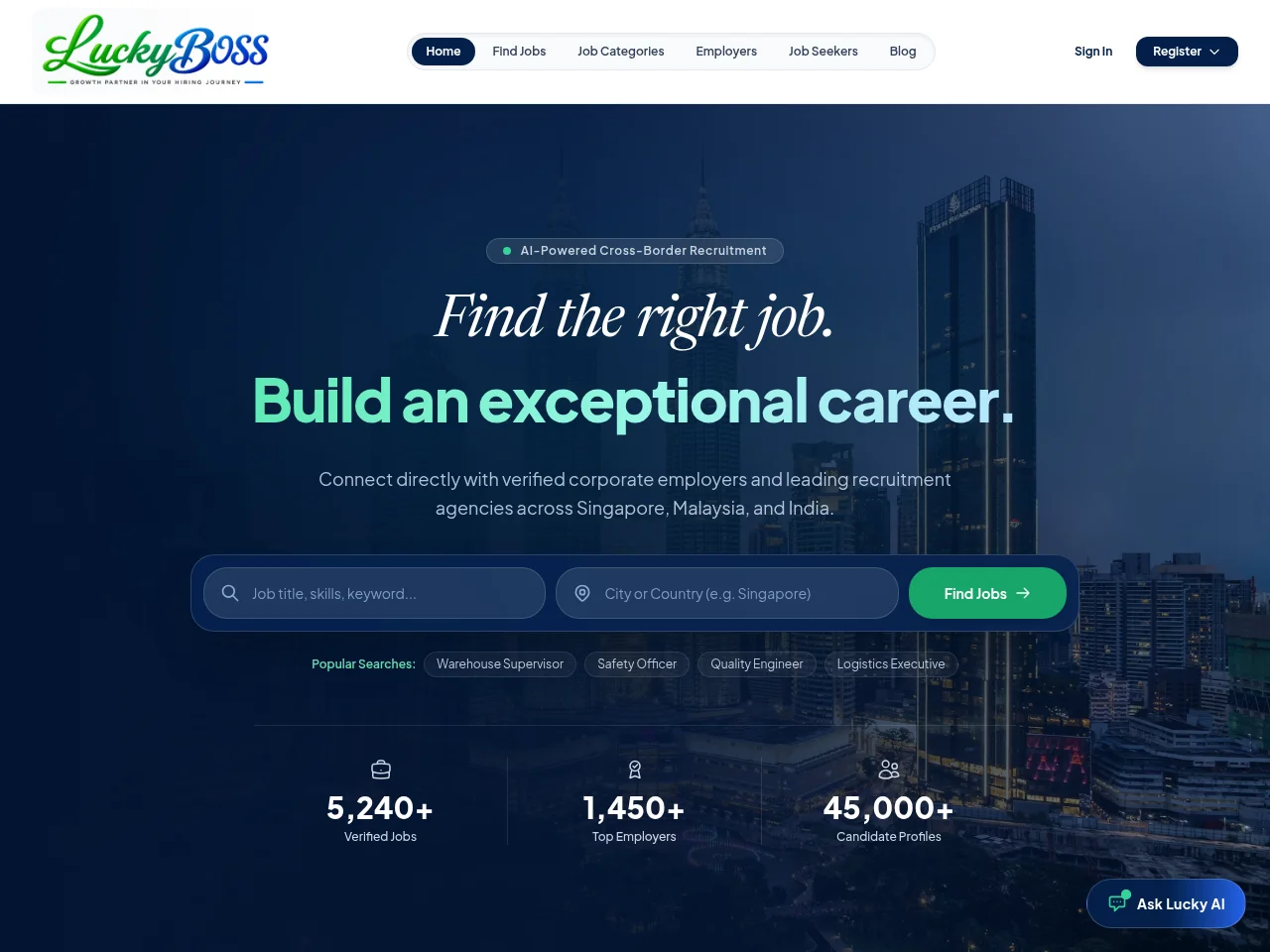 Luckyboss Employment Agency Pte. Ltd job board platform screenshot showing job search interface