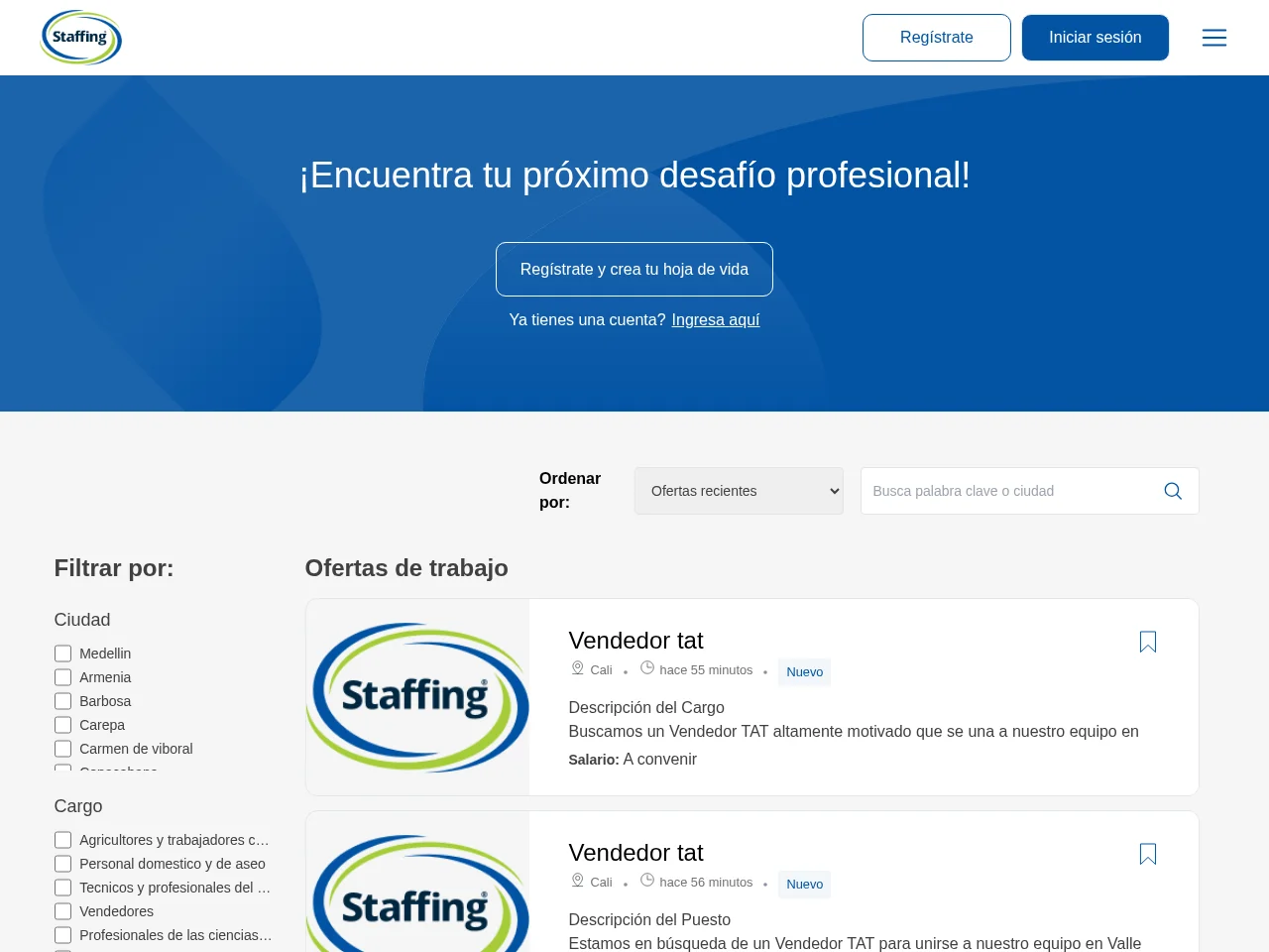 Staffing de Colombia screenshot Staffing de Colombia job board platform screenshot showing job search interface