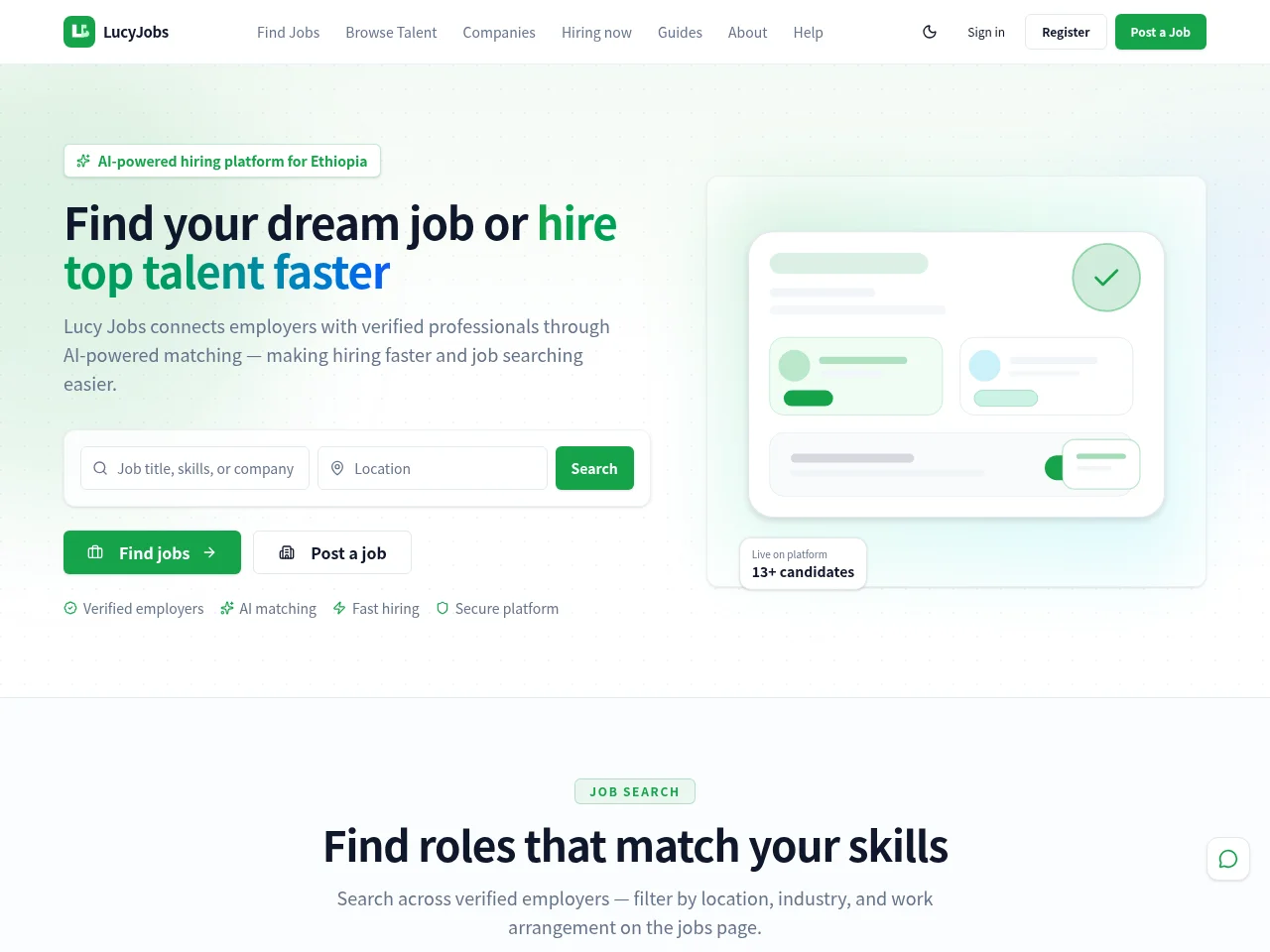 Lucy Jobs job board platform screenshot showing job search interface