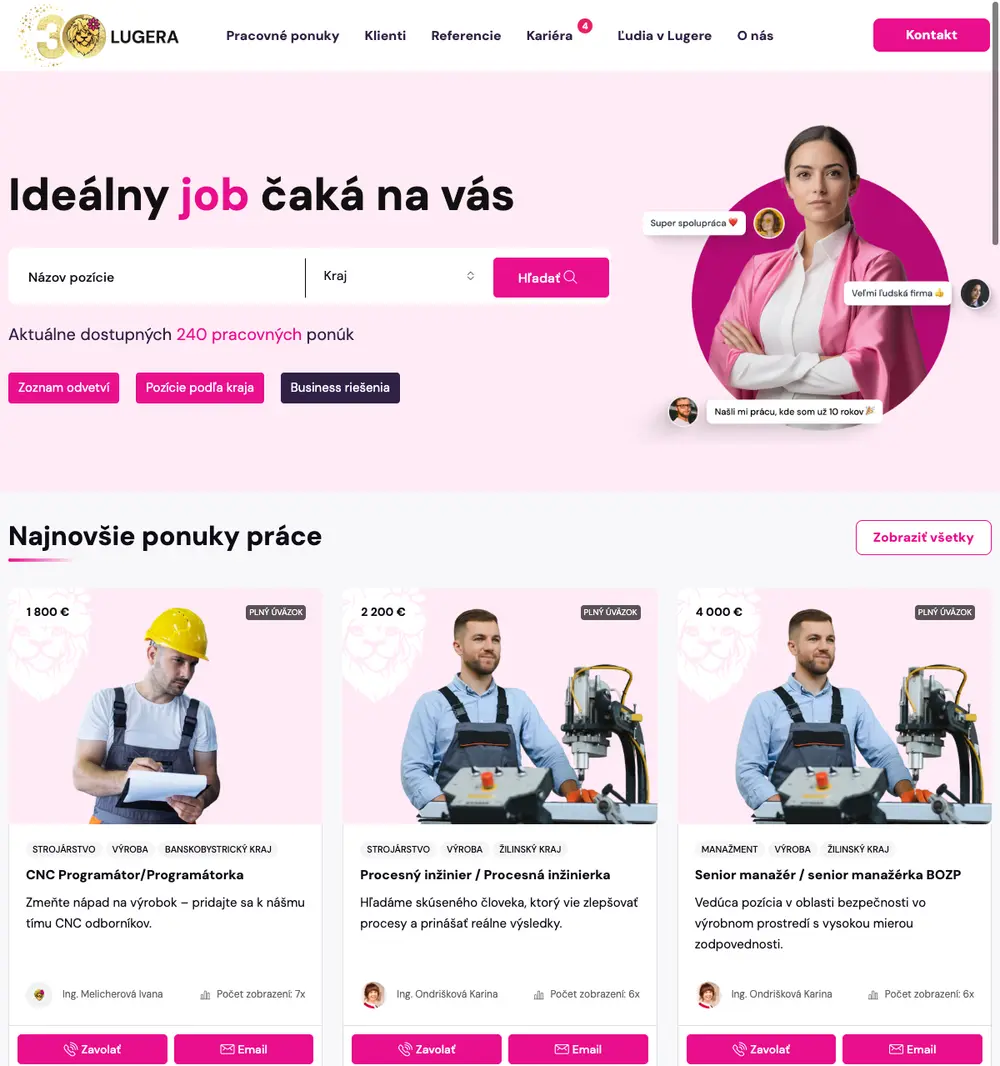 Lugera.sk job board platform screenshot showing job search interface