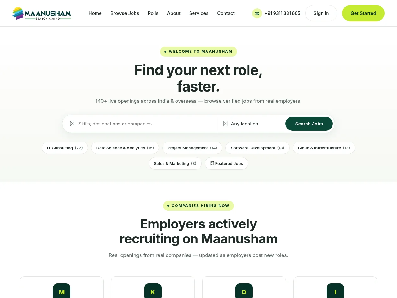 Maanusham screenshot Maanusham job board platform screenshot showing job search interface
